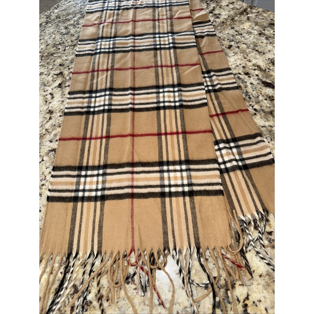 V. Fraas Cashmink Scarf Made in Germany 70"X11" Beautiful Plaid ‎ Black Tan 5496